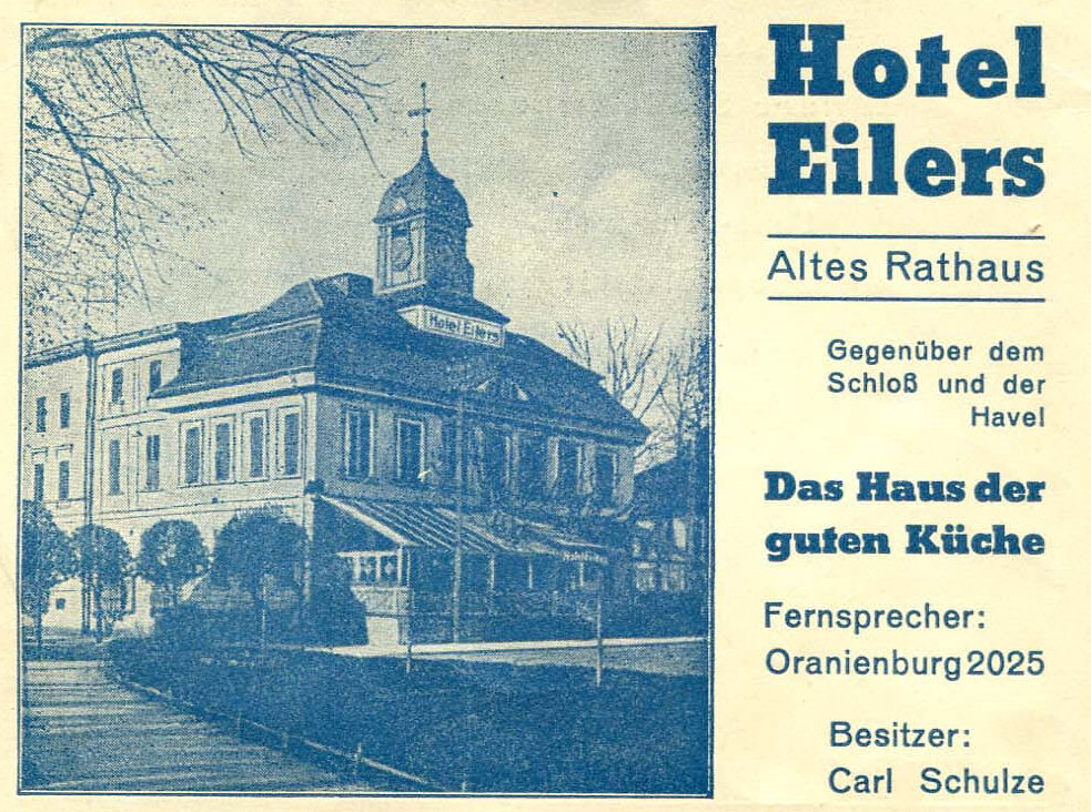 Werbeanzeige des „Hotel Eilers“ (Quelle: Festschrift zur 700-Jahrfeier der Stadt Oranienburg 1932)